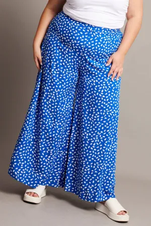 Blue Geo Flared Wide Leg Pants Stain Repellent Coating OrganicCottonBlend