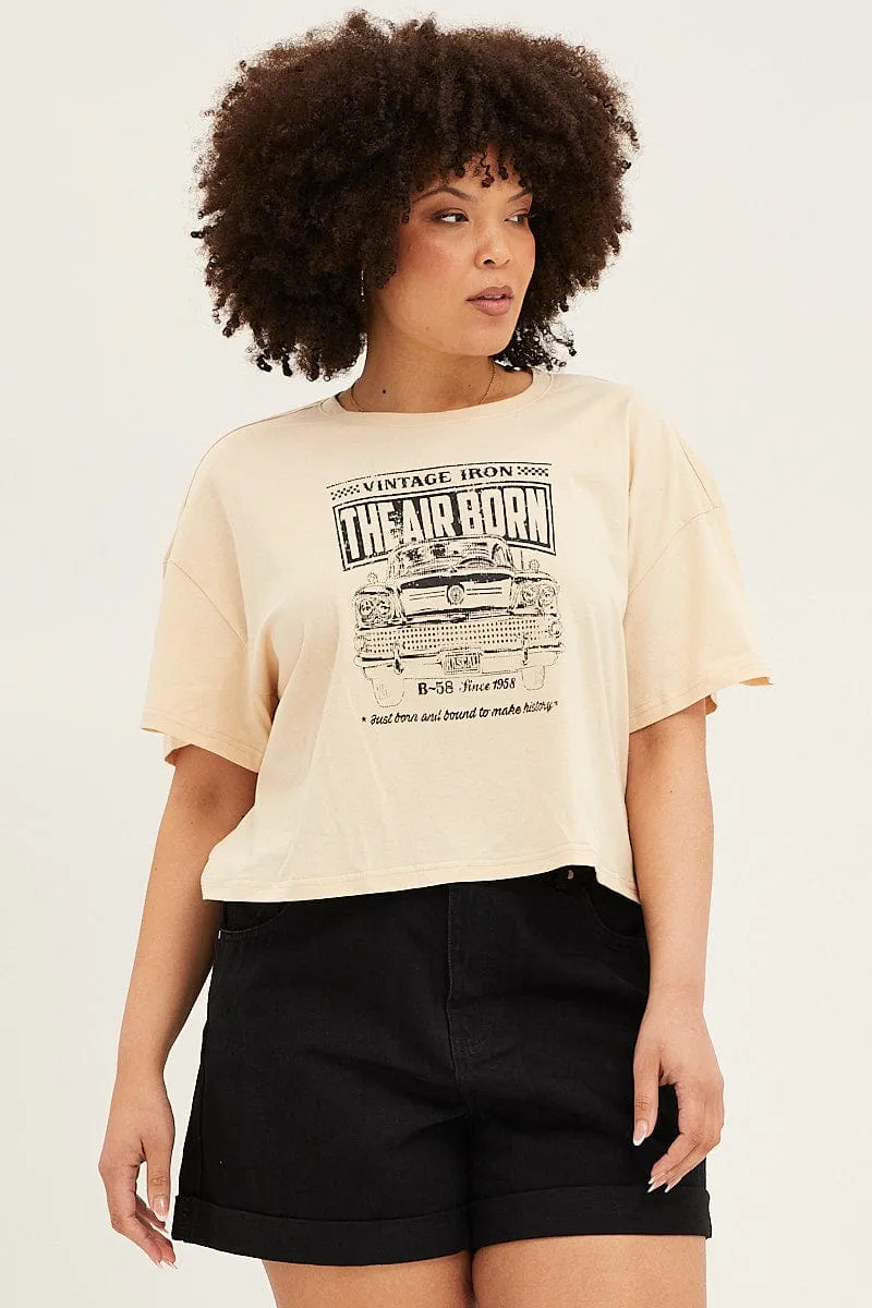 Casual Chic Beige Short Sleeve Graphic Crop T-shirt