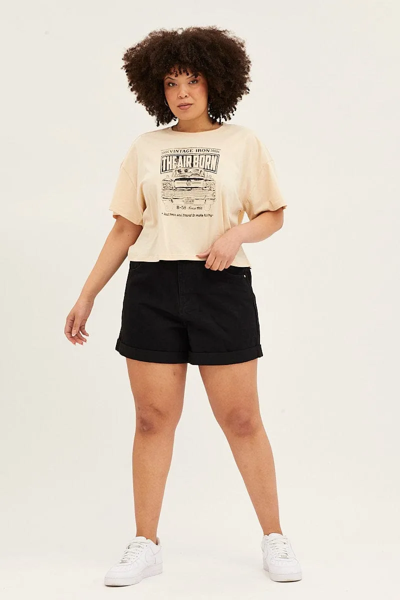 Beige Short Sleeve Graphic Crop T-shirt SunProtectionFabric