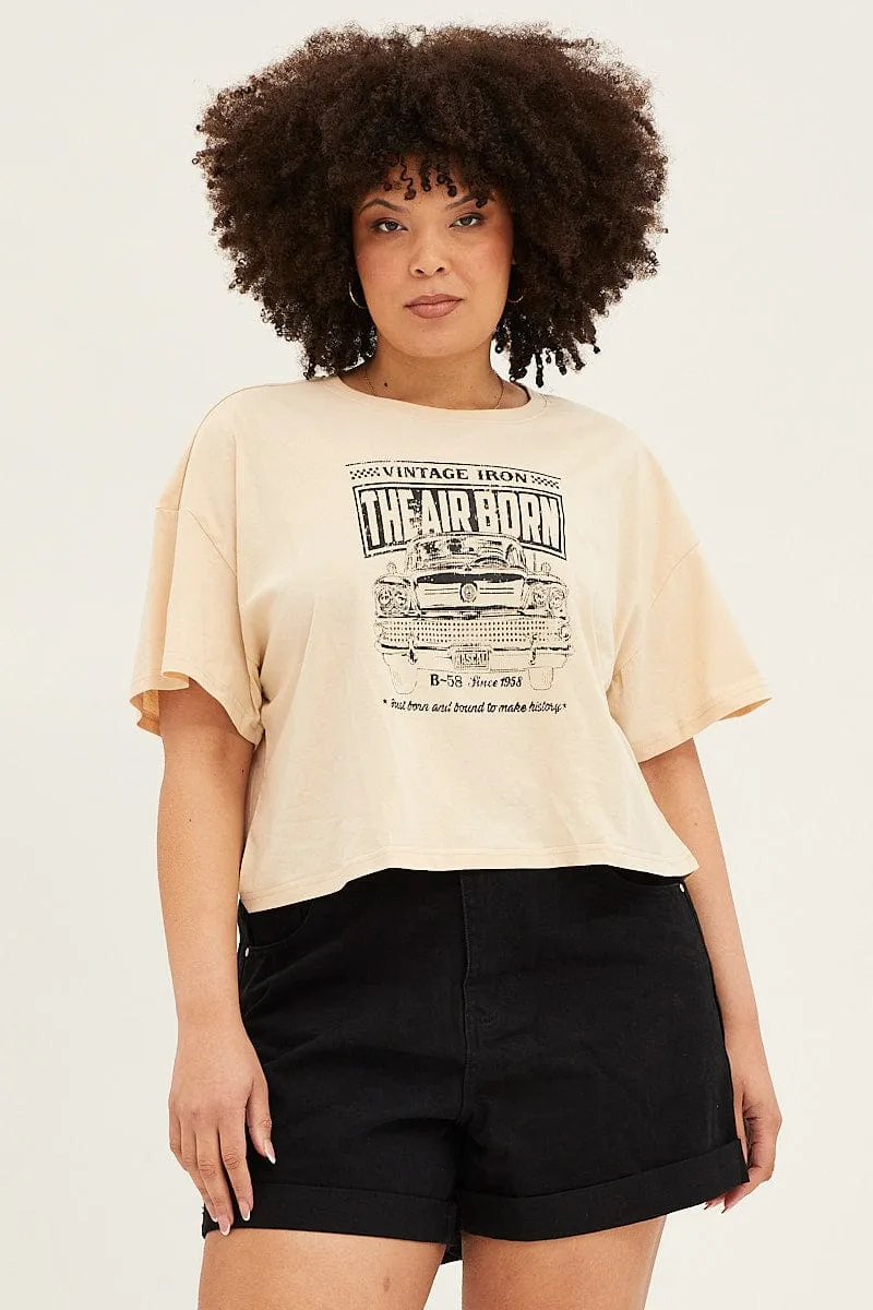 Beige Short Sleeve Graphic Crop T-shirt Travel convenience Anti Pilling Treatment