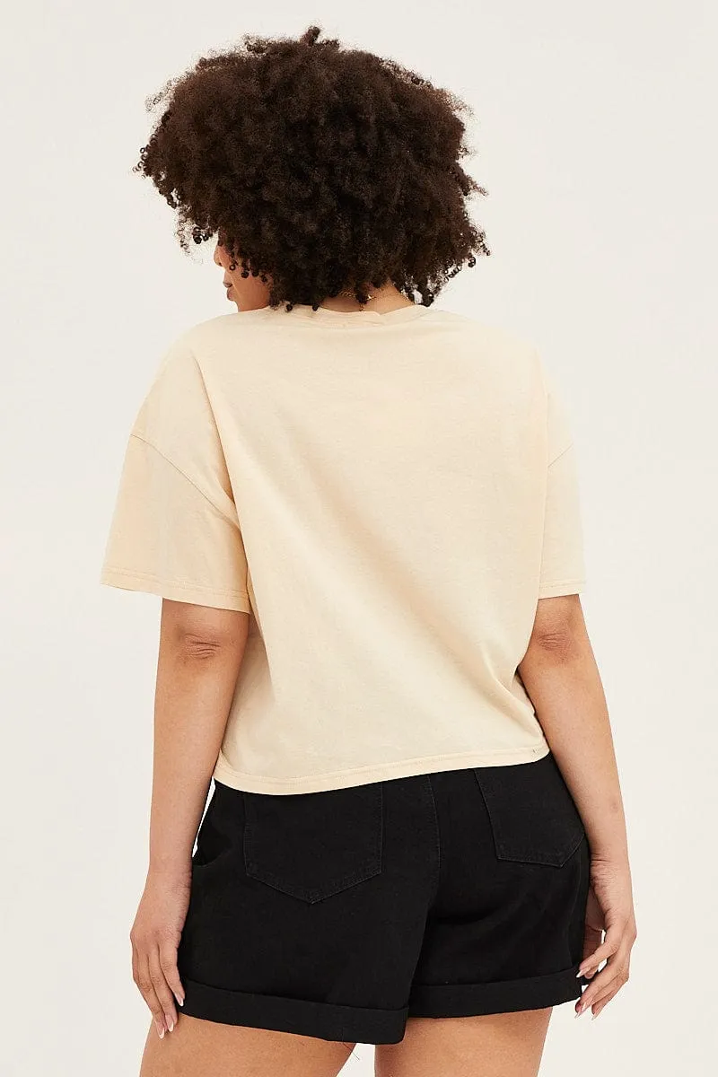 Beige Short Sleeve Graphic Crop T-shirt Casual Outfit Smooth Jersey Texture