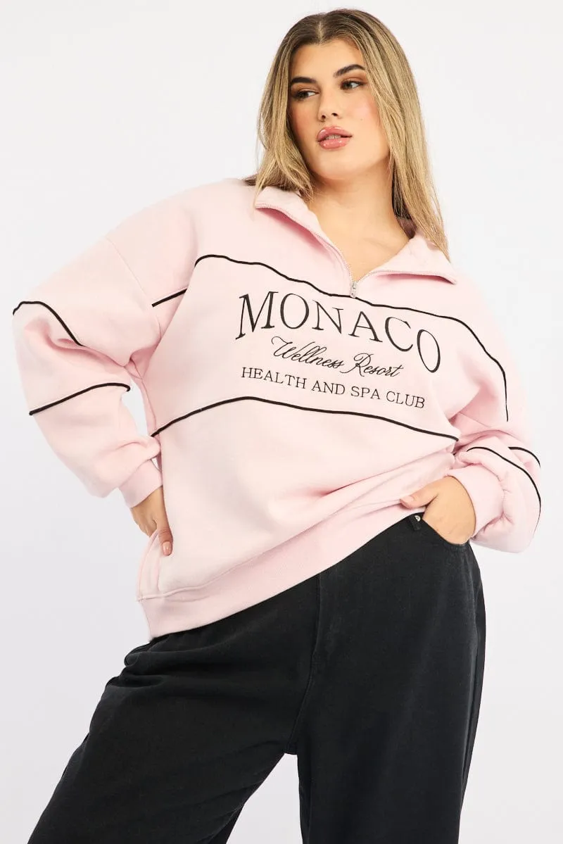 Pink Sweatshirt Long Sleeve Zip Up Bow Accents