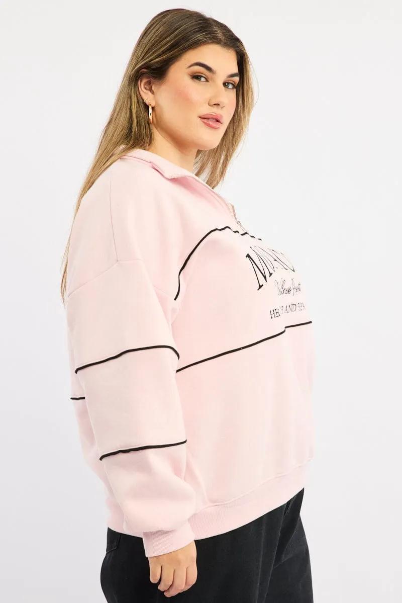 Pink Sweatshirt Long Sleeve Zip Up Weekend Wear Beach Wear