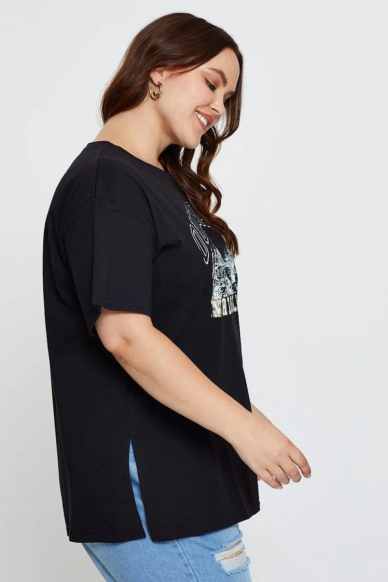 Black Graphic T-shirt North Carolina Short Sleeve Cotton Thermal Regulation Fabric