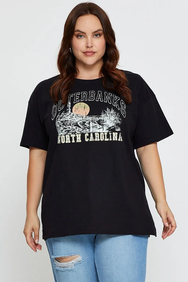 Casual Layer Black Graphic T-shirt North Carolina Short Sleeve Cotton