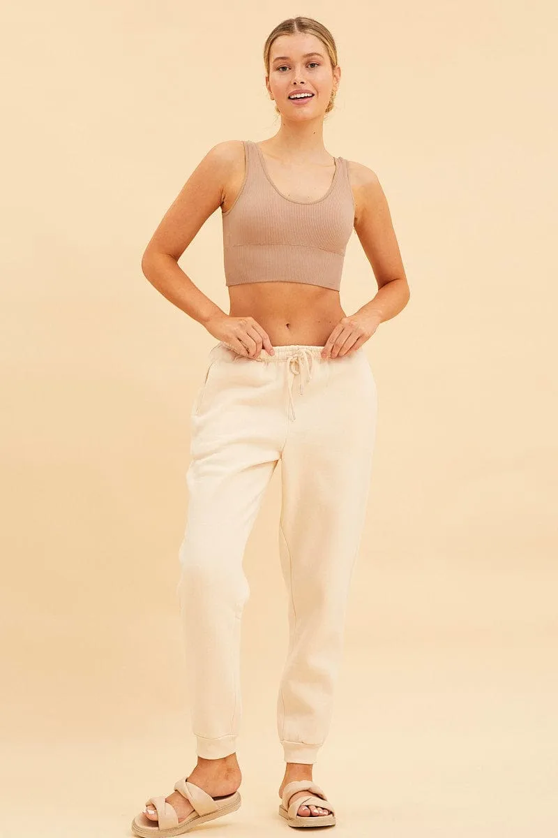Glam Night AntimicrobialCoating Beige Seamless Tank Top Scoop Neck Rib Crop