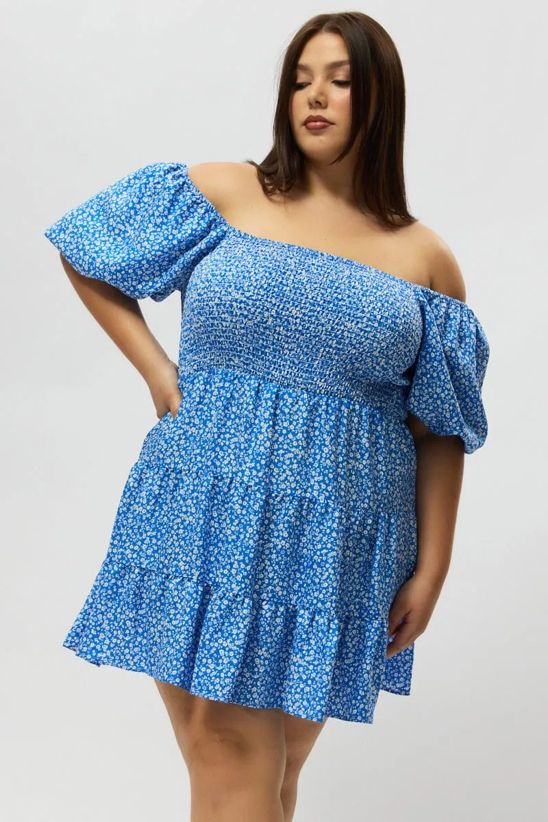 Lightweight Material Club Light Blue Ditsy Shirred Bodice Puff Sleeve Mini Dress