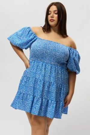 Lightweight Material Club Light Blue Ditsy Shirred Bodice Puff Sleeve Mini Dress