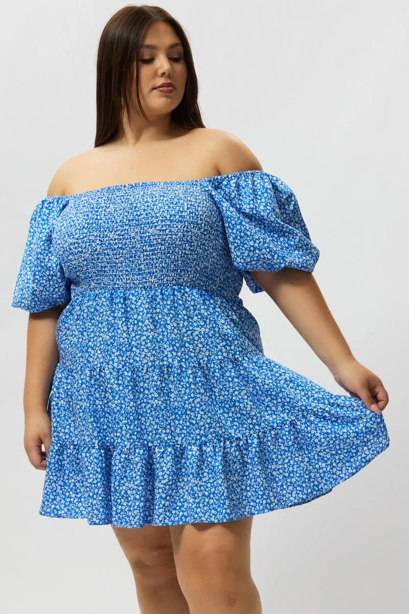 Blue Ditsy Shirred Bodice Puff Sleeve Mini Dress Floral Design Wear
