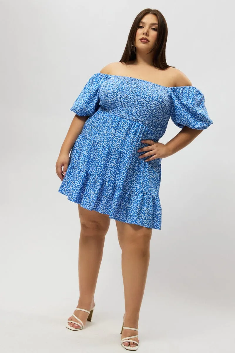 Modern Muse Blue Ditsy Shirred Bodice Puff Sleeve Mini Dress