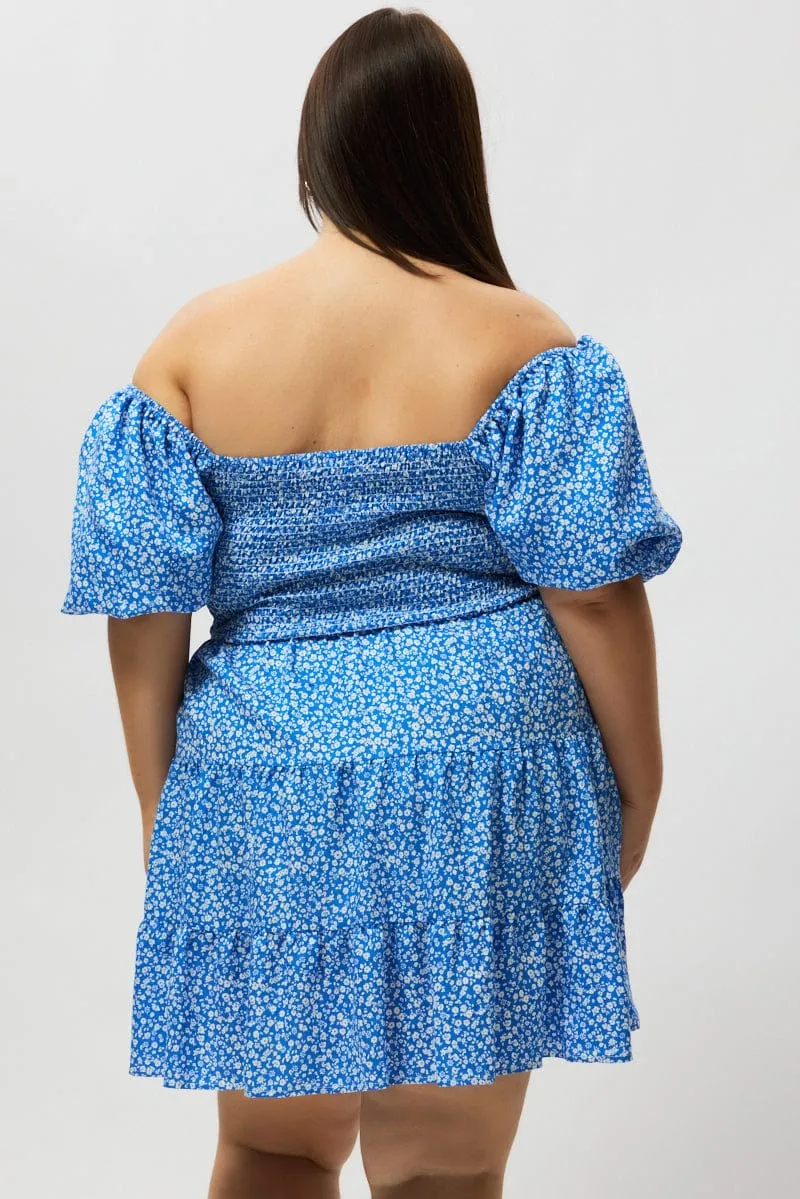 Bold print mini dress Blue Ditsy Shirred Bodice Puff Sleeve Mini Dress