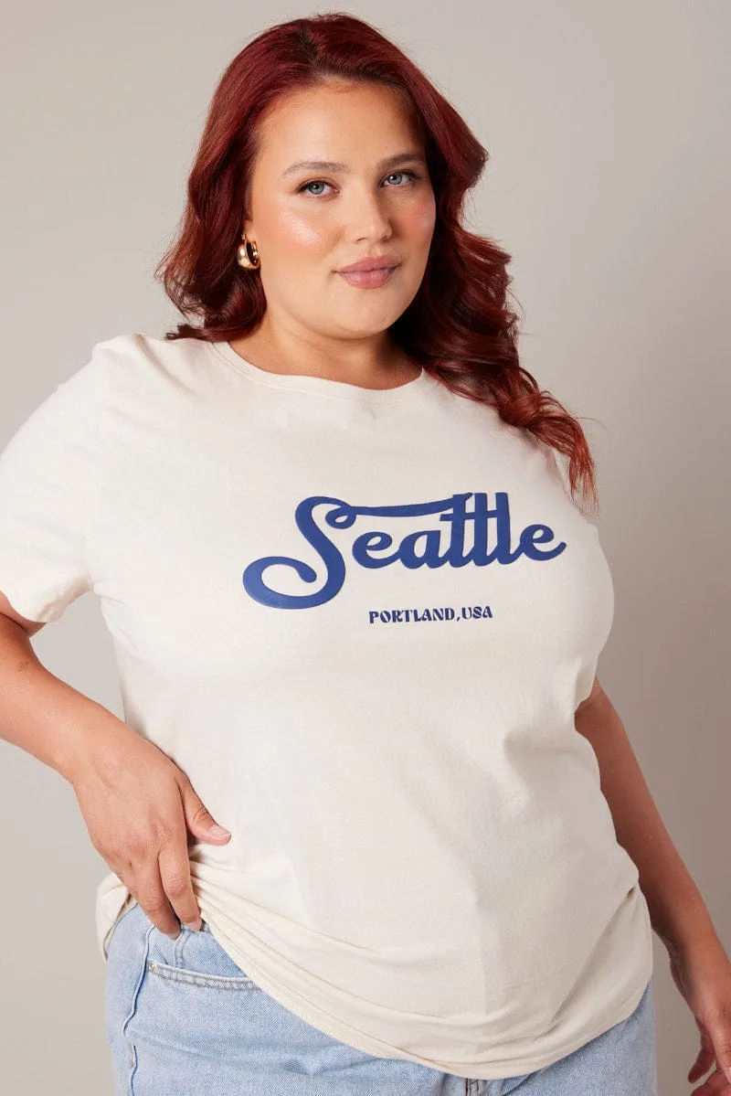 Beige Graphic T-shirt Short Sleeve Crew Neck Layering Must-Have Seam Free Edging