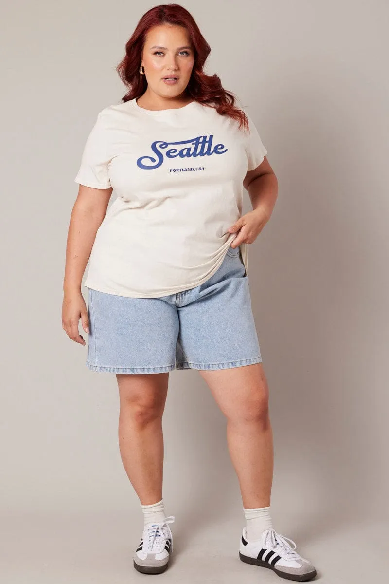 Beige Graphic T-shirt Short Sleeve Crew Neck windproof