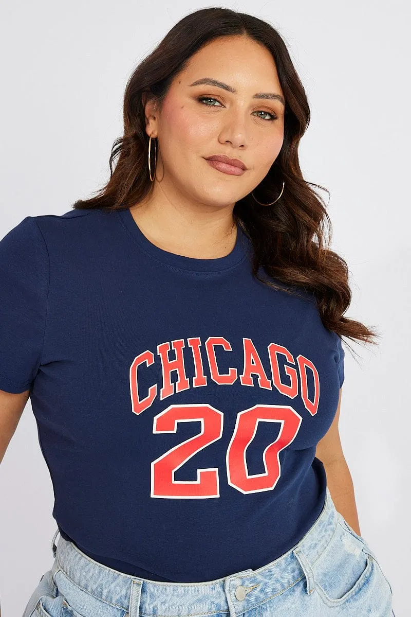 Sophisticated Casual Blue Graphic T-shirt Short Sleeve Crew Neck