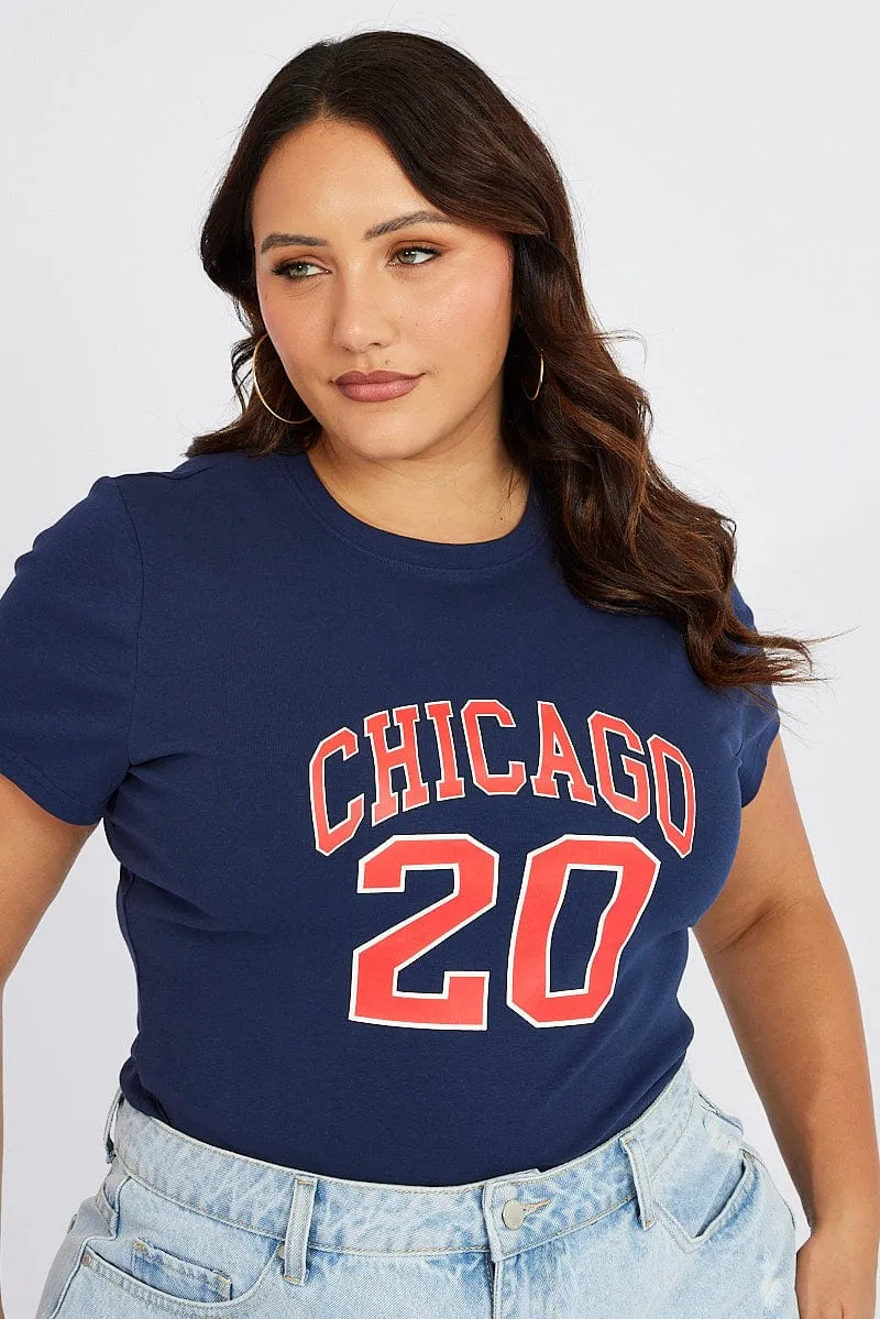 Casual Essential Blue Graphic T-shirt Short Sleeve Crew Neck