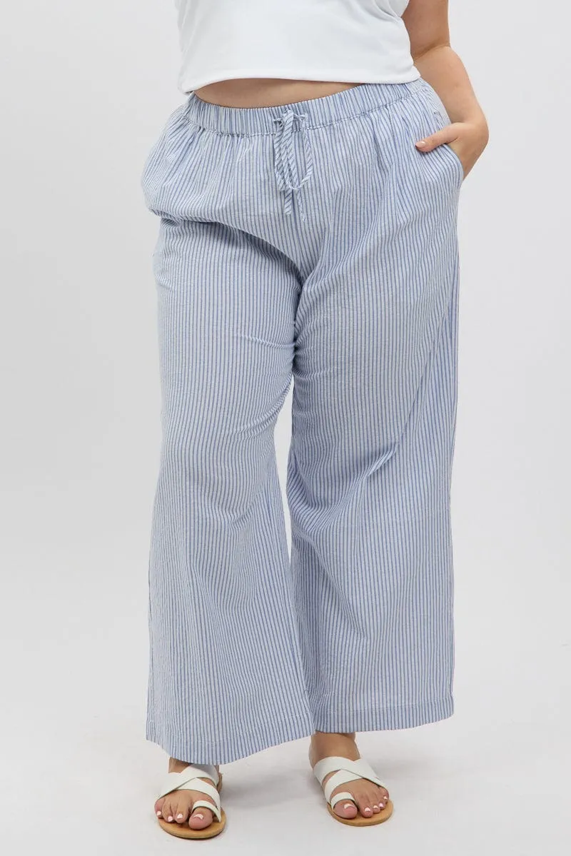 Blue Stripe Stripe Elastic Waist Wide Leg Pants Active Layer