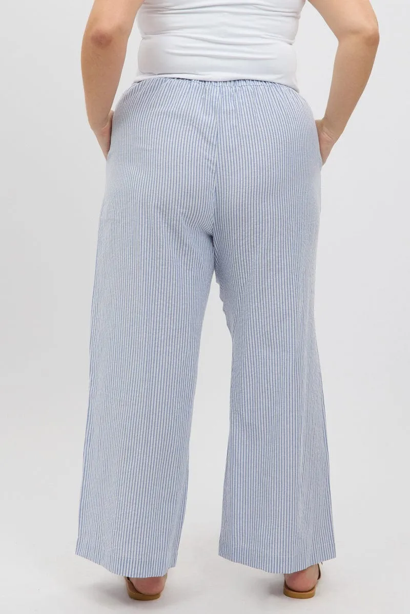 Blue Stripe Stripe Elastic Waist Wide Leg Pants Loose Fit