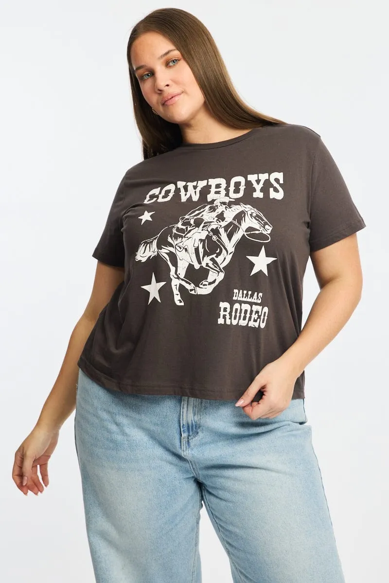 Active Trend Look Grey Graphic T-shirt Short Sleeve Crew Neck