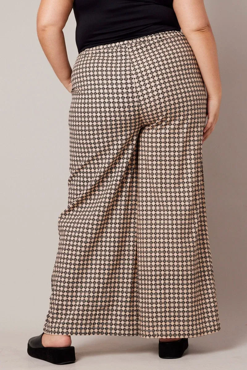 Brown Geo Wide Leg Pants High Rise Casual Comfort Layers Soft Structure