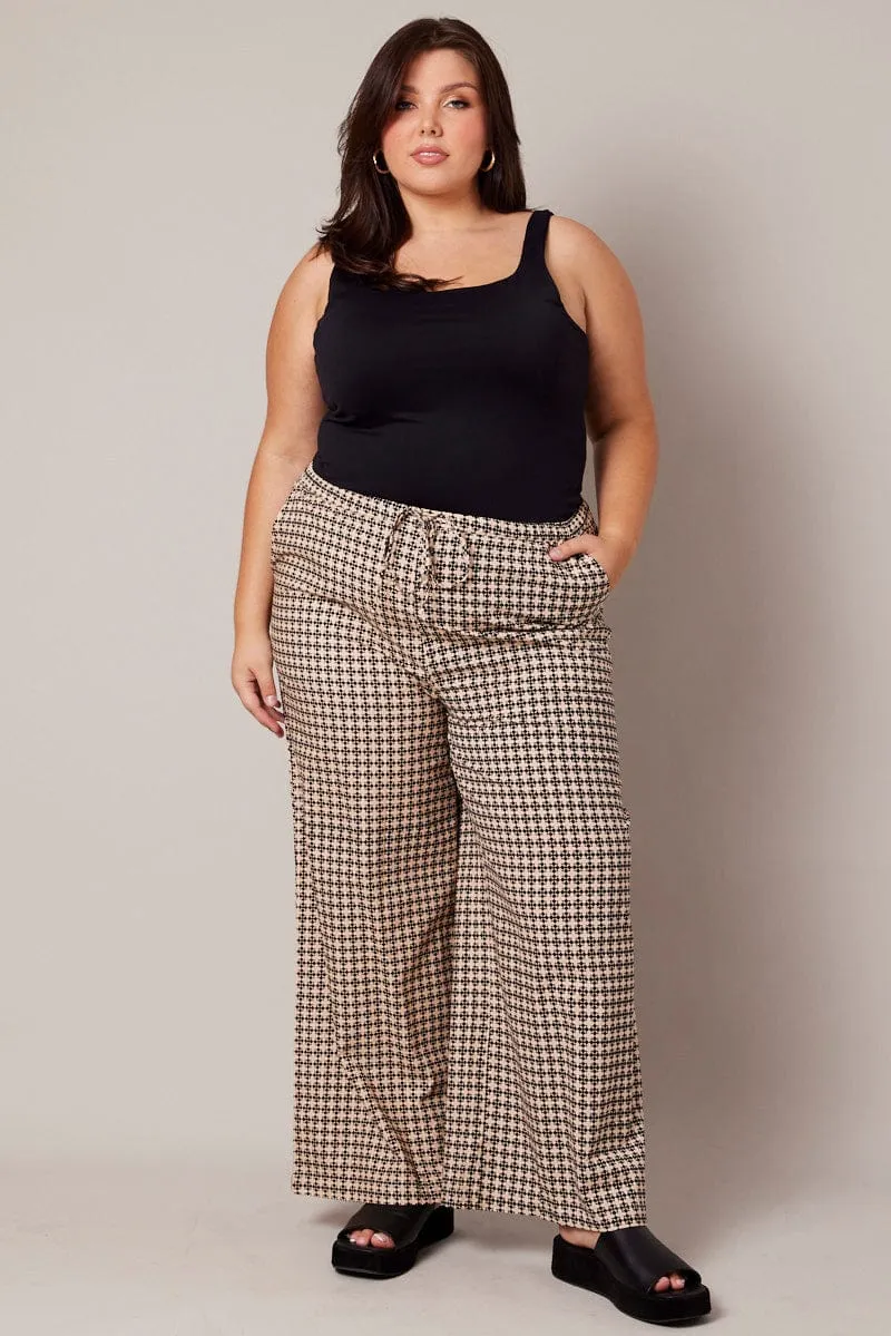 Relaxed Waist HighWaistSupport Brown Geo Wide Leg Pants High Rise
