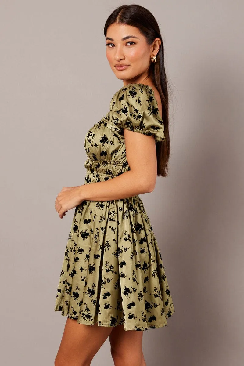 Green Floral Fit And Flare Dress Puff Sleeve NoRubEdging