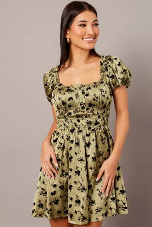 Light Fit Green Floral Fit And Flare Dress Puff Sleeve