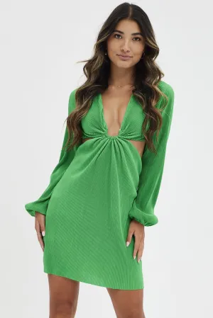 Green Plisse Dress Plunging Ring Detail Balloon Sleeve HighDensity Weave
