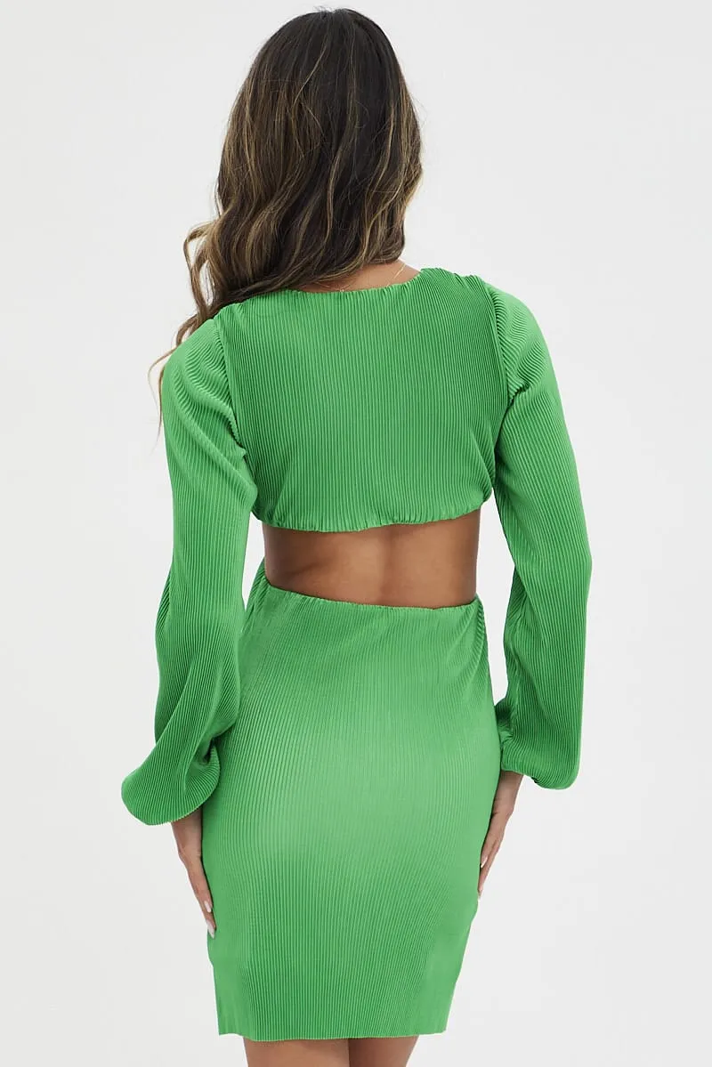 Green Plisse Dress Plunging Ring Detail Balloon Sleeve UniversalFit