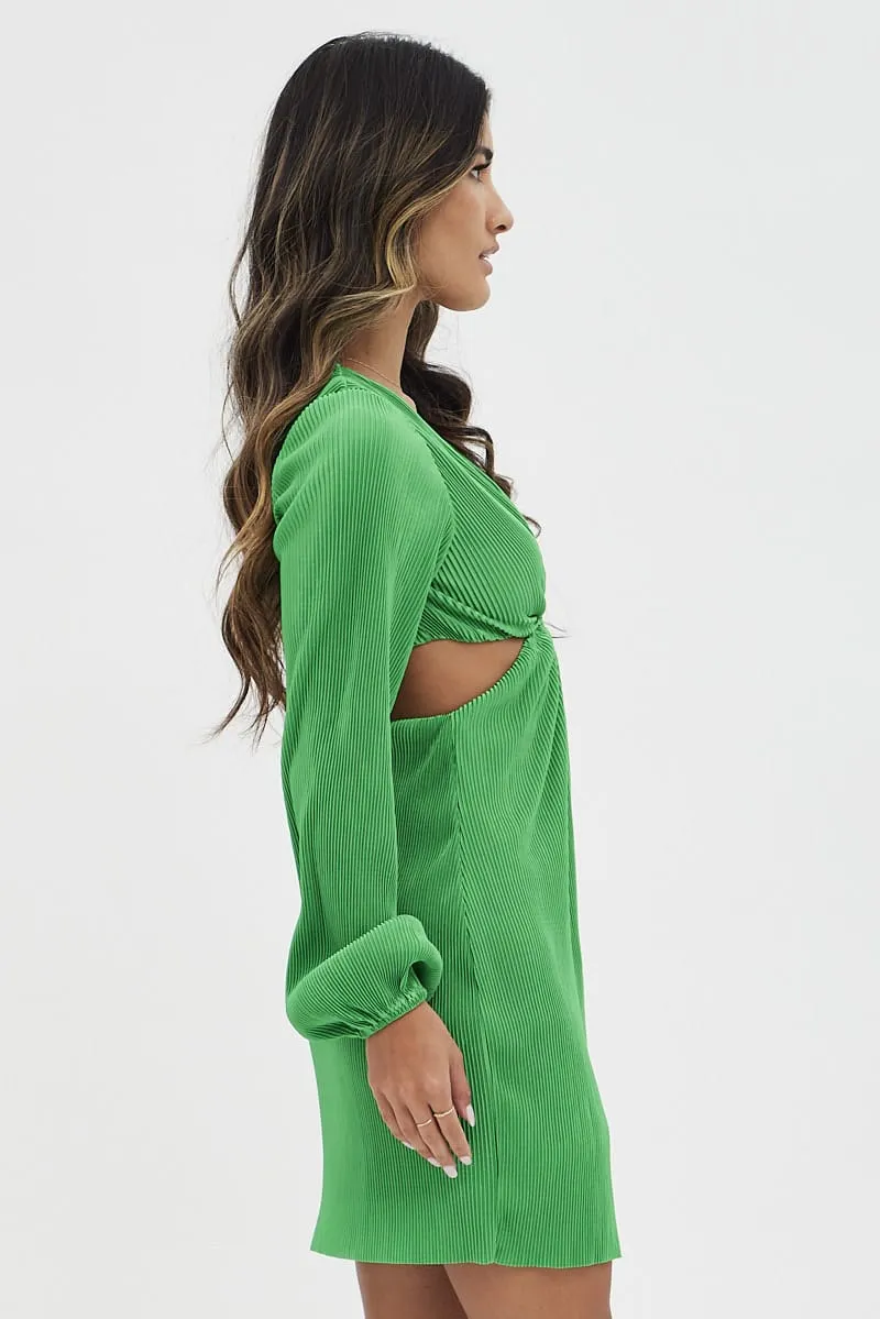 Busy Glow Basic Wear Green Plisse Dress Plunging Ring Detail Balloon Sleeve
