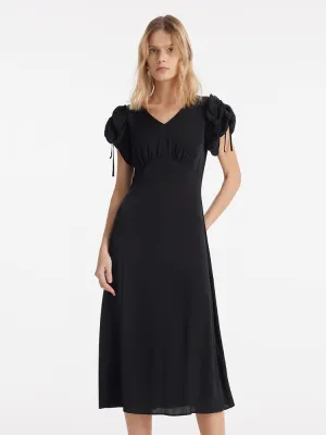 19 Momme Mulberry Silk Drawstring Sleeves Women Midi Dress Mediterranean Cool