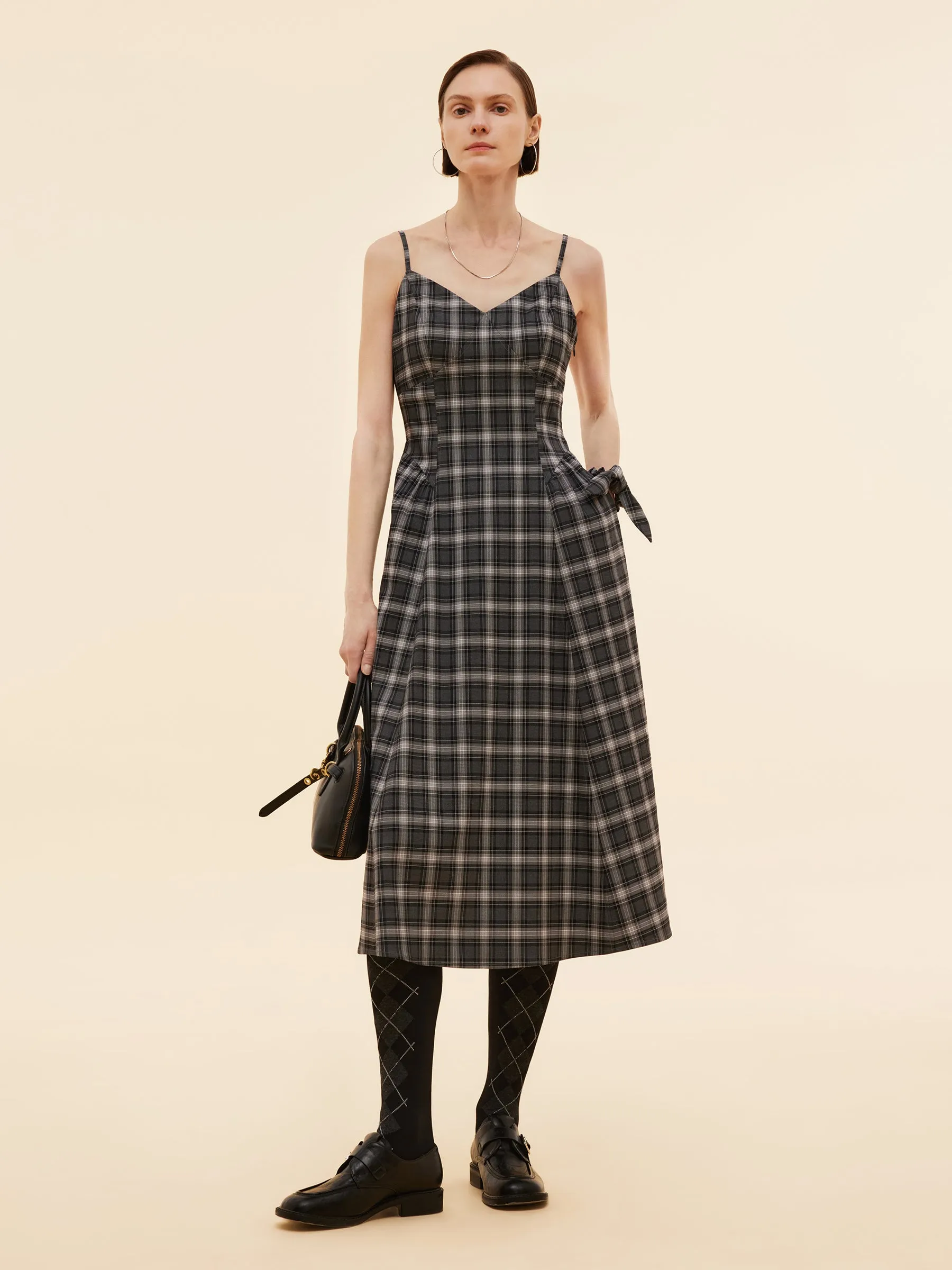 Timeless Look Black And Grey Plaid Women Strap Midi Dress