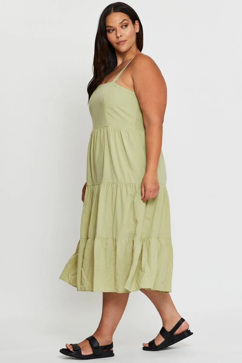 Any Day Wear Gold Hour Green Midi Dress Square Neck Sleeveless