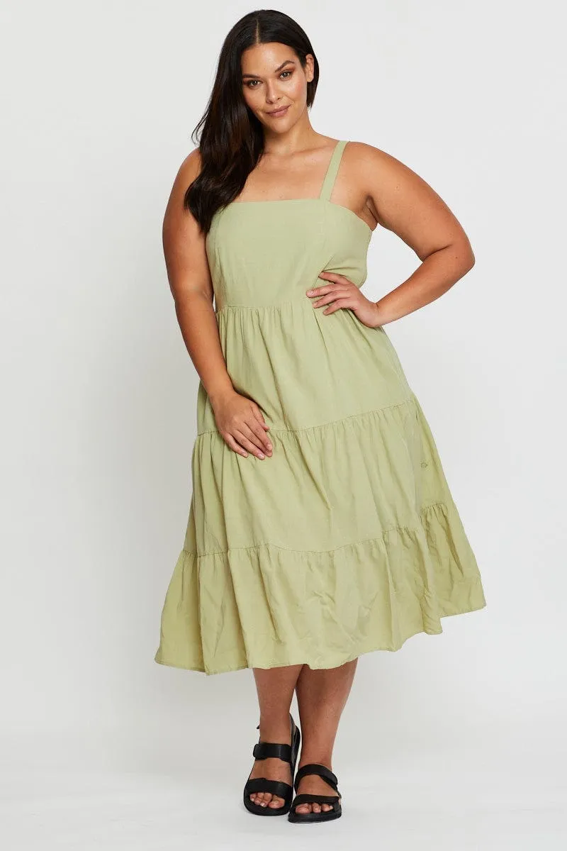 Green Midi Dress Square Neck Sleeveless Seasonal Wear Smart Outfit