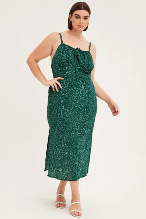 Green Polka Dot Midi Dress Sleeveless Ruched Bust Elegant Silhouette Elegant and timeless look