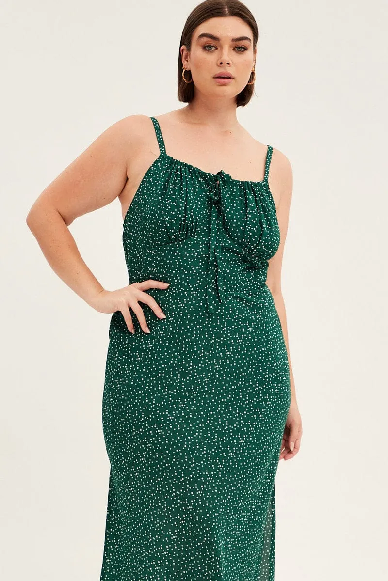 Mediterranean Cool Green Polka Dot Midi Dress Sleeveless Ruched Bust