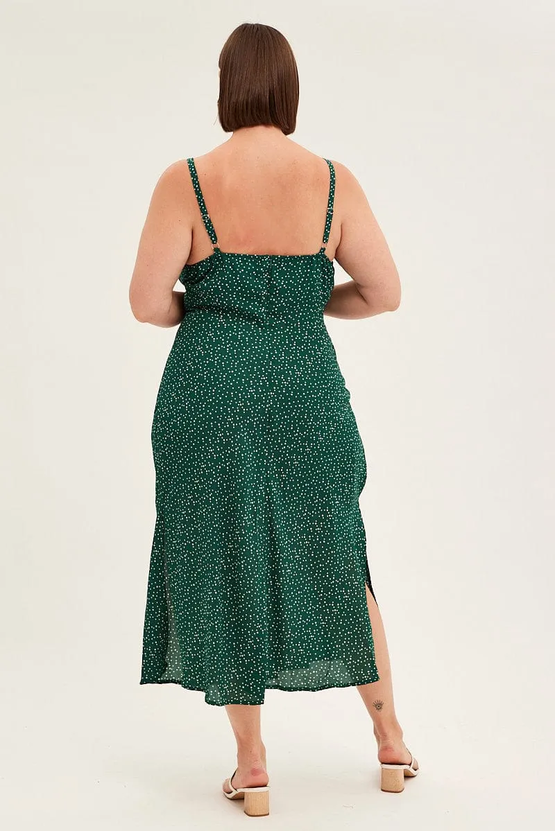 Green Polka Dot Midi Dress Sleeveless Ruched Bust Effortless chic dress Shine Spot