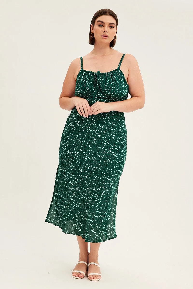 Autumn Leaf Green Polka Dot Midi Dress Sleeveless Ruched Bust