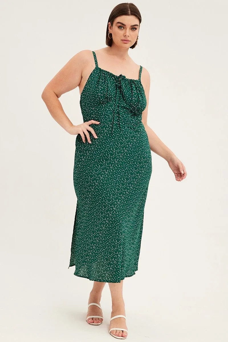 Green Polka Dot Midi Dress Sleeveless Ruched Bust Elegant Silhouette Elegant and timeless look