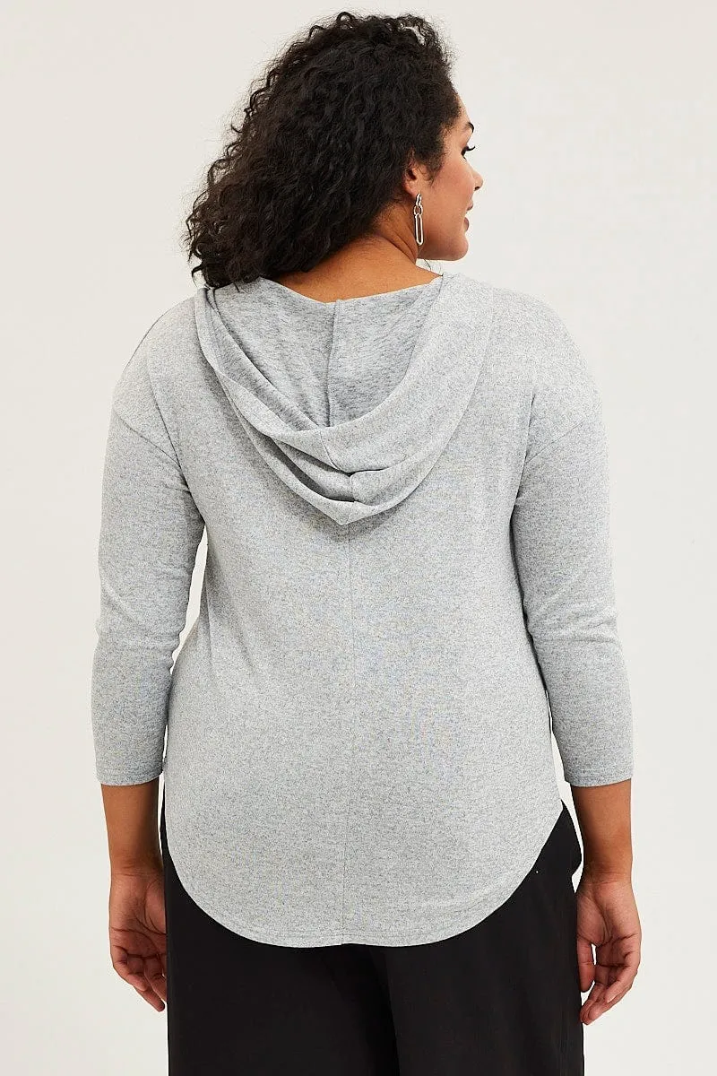 Grey Long Sleeve Curve Hem Hoodie Top Relaxed Apparel
