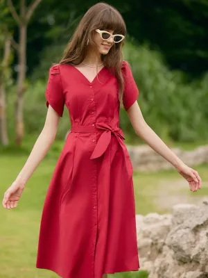 Office To Out Petal Sleeves Gathered Waist V-Neck Women Midi Dress With Belt