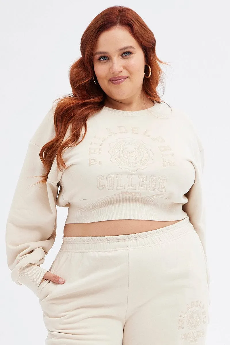 Beige Cropped Sweatshirt Philadelphia Embroidered Fleece Soft Layers