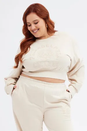 Beige Cropped Sweatshirt Philadelphia Embroidered Fleece Smart Layer Daily Sporty