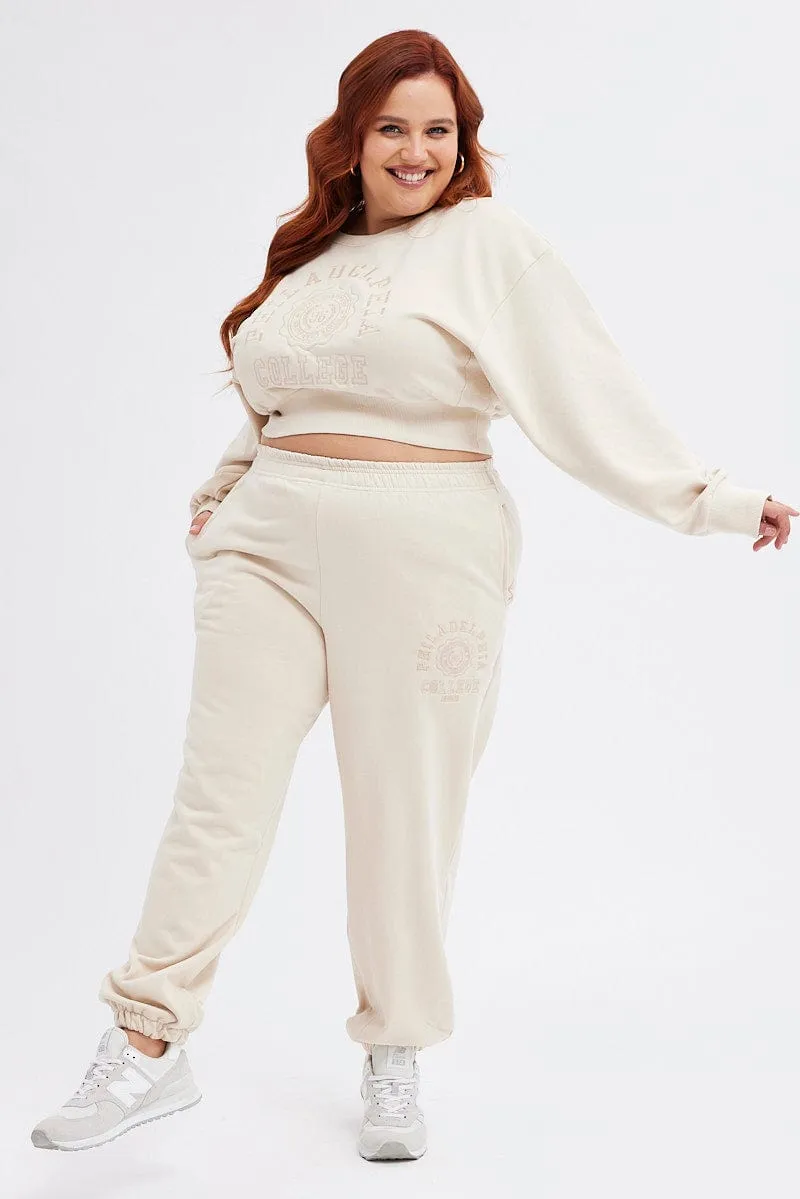 Beige Cropped Sweatshirt Philadelphia Embroidered Fleece Fashion Trend