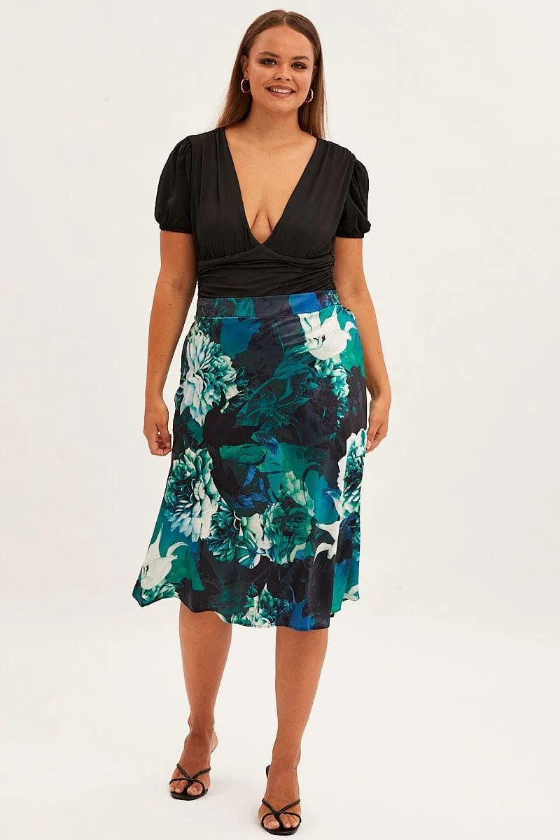 Abstract Print Slip Skirt Midi Satin Smart Comfort Contrast Panel