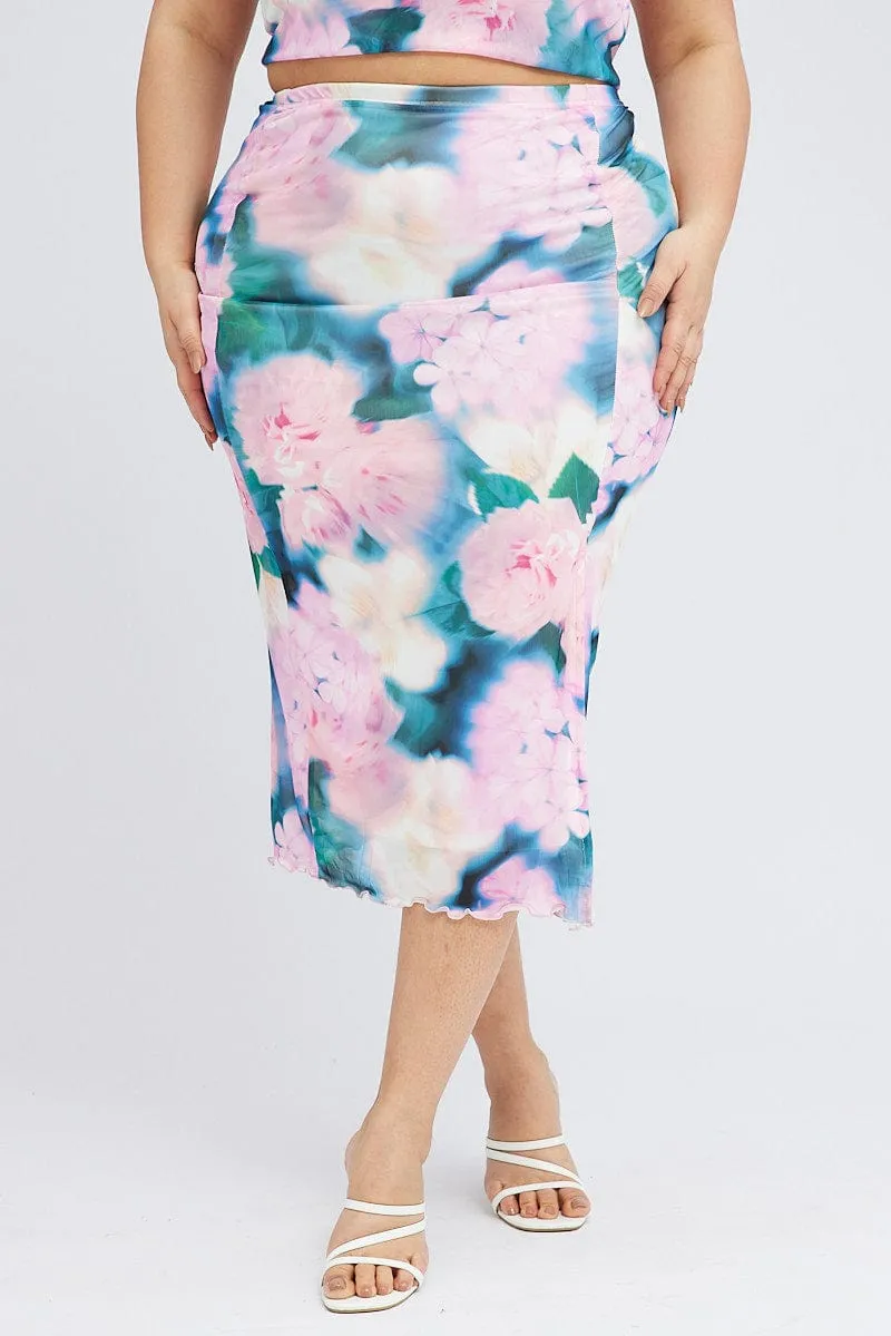 Multi Abstract Midi Skirt Bodycon Side Split Spring Must Have