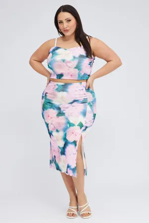 Curvy Fit Multi Abstract Midi Skirt Bodycon Side Split