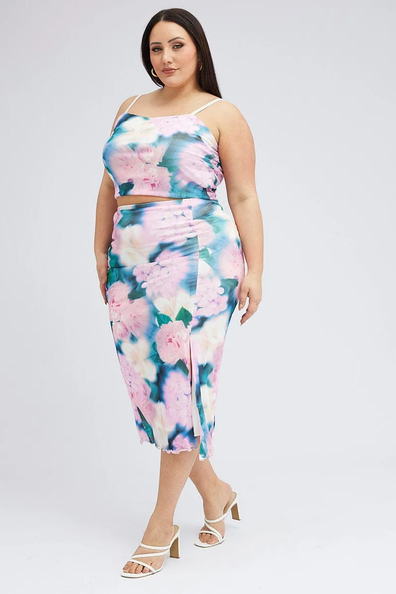 Fresh Mood Multi Abstract Midi Skirt Bodycon Side Split