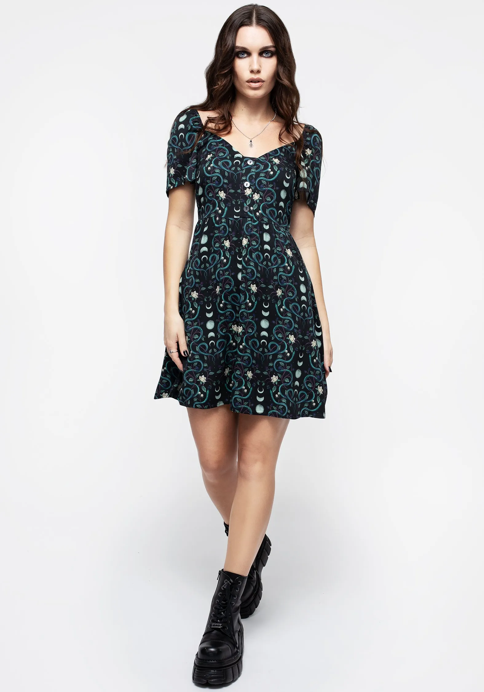 Fun statement mini Light Soft Pythia Print Button Front Mini Dress