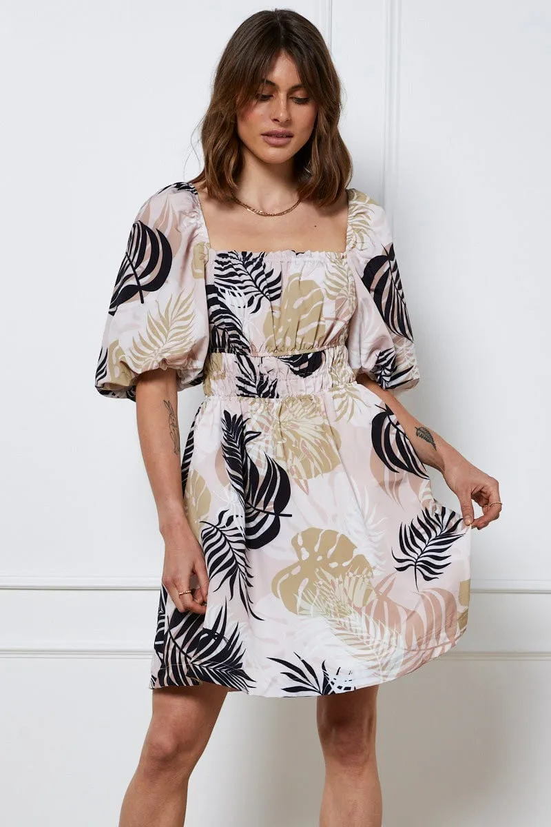 Trendy mini outfit Trop Print Mini Dress Short Sleeve Square Neck
