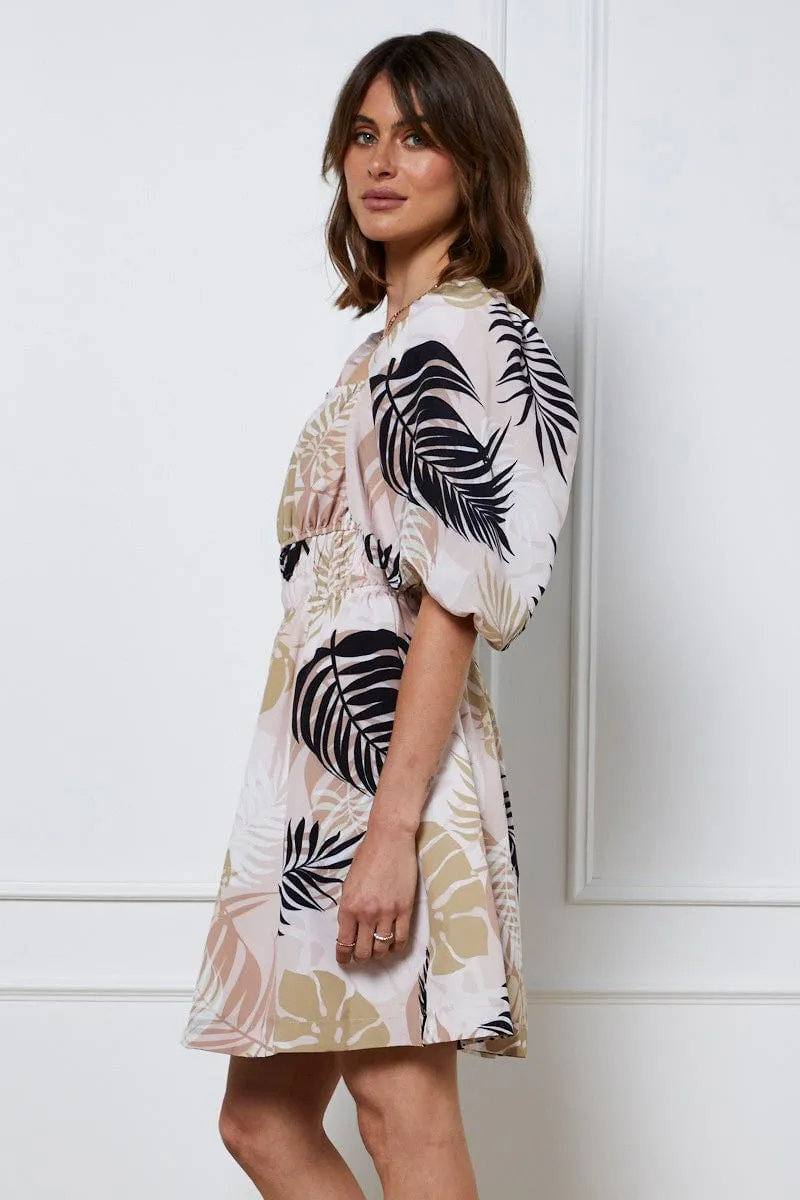 Reinforced Hemline Boho Wear Trop Print Mini Dress Short Sleeve Square Neck